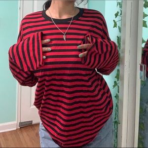-Korean fashion oversized red and black striped long sleeve shirt